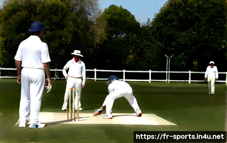 크리켓 경기 규칙 - Photorealistic wide view of a traditional cricket match on a well-kept French village sports ground,...