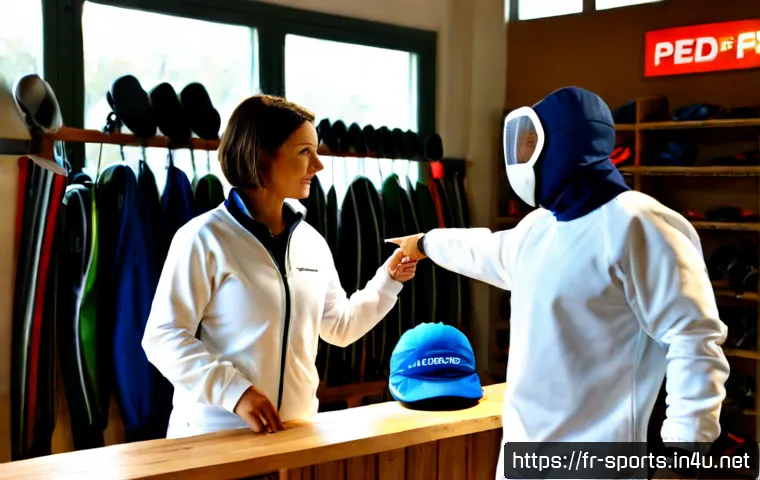 펜싱 장비 구매 팁 - Photorealistic French fencing equipment shop consultation, adult beginner in full modest sportswear ...