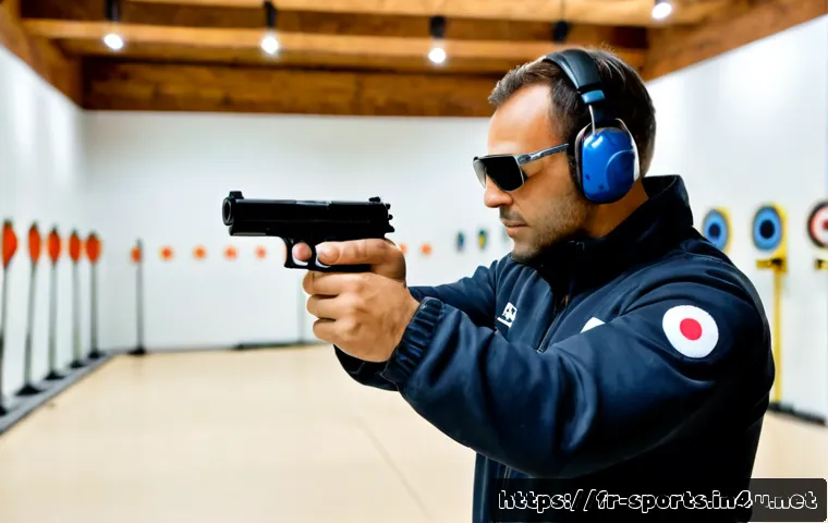 사격 훈련 기초 - Photorealistic indoor target shooting range in France, adult beginner wearing protective earmuffs an...